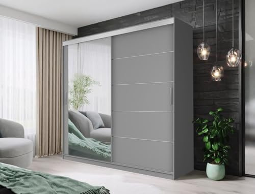 FHI-IBIZA Modern Sliding Door Wardrobe with Full-Length Mirror – Bedroom Closet Storage Cabinet – Available in 100cm, 120cm, 150cm, 180cm, 203cm & 250cm – White, Black, Grey & Oak (Grey, 100cm)