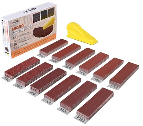 Shineboc 120 Stück Schleifpapier mit 90x30 mm Schleifklotz Set, Mini Schleifwerkzeuge, 40/60/80/100/120/180/240/400/600/800/1000/2000 Sortierte Körnung Sandpepier Blatt für Schleifen und Polieren