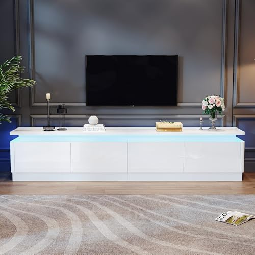 Merax TV-Schrank Weiß Hochglanz mit 4 Schubladen, TV-Lowboard mit LED, TV-Möbel & Fernsehschrank für Fernseher bis 80 Zoll, TV-Kommode für Wohnzimmer, 180 x 34 x 40 cm