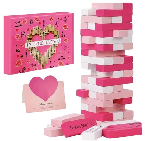 Generisch Jeu de tour en bois, jeu d'empilage pour adultes, tour à bascule, blocs empilables, rose, pour les soirées romantiques