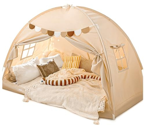 Spielzelt Kinder Indoor, Spielhaus Kinder mit Flaggen, Maschinenwaschbar Tippi Kinderzelt ab 3 Jahren FüR Kinderzimmer, Spielzimmer, Party, Schneller Aufbau (Cremeweiß (195 x 98 x 125 cm))