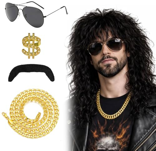 GWAWG Ensemble de Perruque Rocker Mulet Bouclée Noire Lunettes de Disco Années 80, Collier Chaîne Or Factice, Moustache, Bague HipHop Accessoires Punk Popstar pour Carnaval, Halloween Party