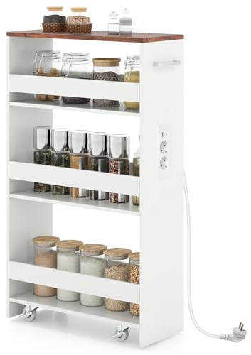COSTWAY Carrello da Cucina a 4 Ripiani, Carrello Portaoggetti in Legno con Ruote Universali, Stretto e Slim 20cm, Salvaspazio con Manico per Bagno Lavanderia (Marrone+Bianco, con presa)