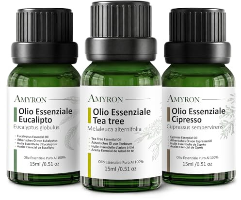 Set 3 x 15 ml Oli Essenziali Purificanti - Respiro AMYRON – Tea tree – Cipresso – Eucalipto – Naturali E Puri AL 100% – Ideale Per Aromaterapia – Diffusore Oli Essenziali – Massaggi – Uso Alimentare