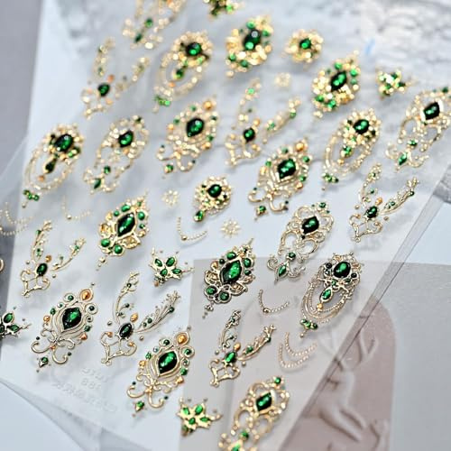 Ruispeed 5D geprägte Edelstein Nagelsticker – Autocollants pour Ongles dorés avec Motifs de Sceptre Vert, Charms pour Design d'ongles