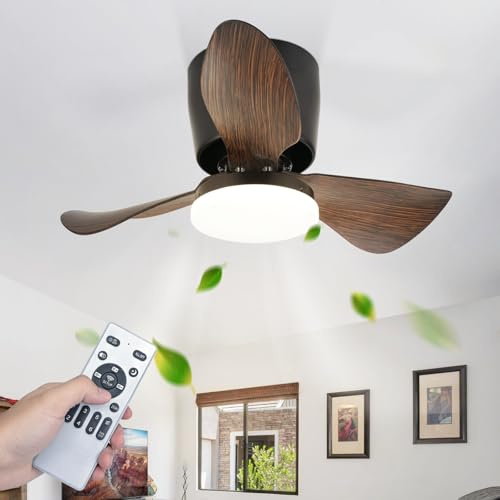 Homefire Ventilador de techo con luz LED 70 cm, 23 W regulable, control | remoto y temporizador, negro, reversible verano/invierno, 6 velocidades, ideal para salón, comedor y cocina