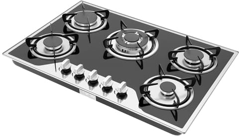 Placa de gas 5 fuegos vidrio trata 77 5 x 51 cm, placa de gas 5 quemadores 3-2 75-1 75-1 kw para cocina casa restaurante, gaziniere 5 focos encendido electrónico