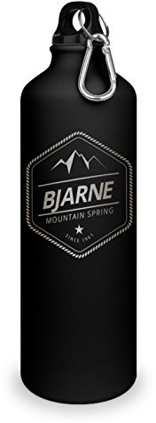 Trinkflasche mit Namen Bjarne - graviert mit Adventure Layout, Aluminiumflasche mit Gravur, Sportflasche - matt schwarz