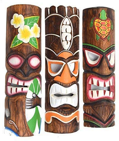 Interlifestyle 3 Tiki Masques Muraux 50cm Dans Hawaii Style 3er Set avec Fleurs Tortue Motif Masque en Bois Maui Masque Mural South Lake Masque Caraïbes