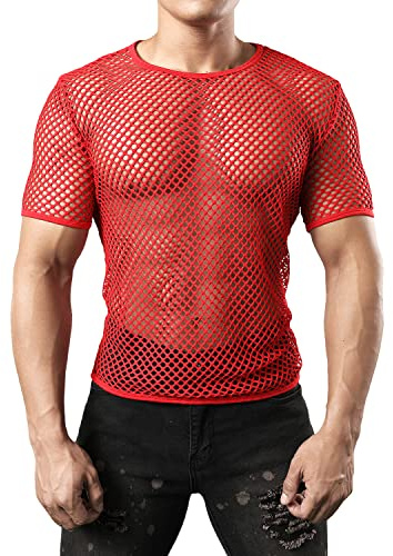 JOGAL Herren Muskel Transparent Kurzarm Shirts Netz Hemd Small Rot