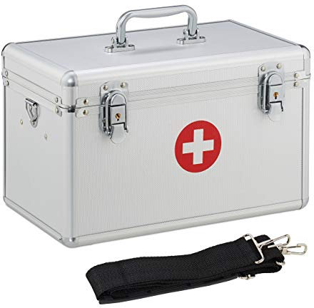 Relaxdays Erste Hilfe Koffer, Verbandskasten Alu mit Tragegurt, leer, Medizinbox für Notfälle, HBT: 19x32x20 cm, silber, Metall