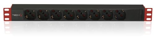 Techly Professional 107746 - Regleta de 8 enchufes para rack de 19 pulgadas, conector C14, 1U, negro/rojo