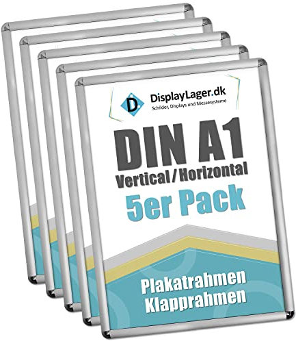 DisplayLager, Dänische Qualität - 5'er Sparpack Silber DIN A1 Rondo Klapprahmen mit 25mm Aluminium Profil, Entspiegelter Schutzscheibe, Befestigungsmaterial