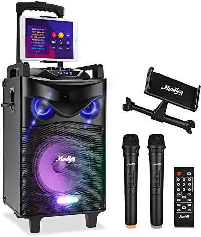 Moukey Karaoke-Lautsprecher mit 2 drahtlosen Mikrofonen Komplette Karaoke mit Bass/Höhenverstellung, Professioneller Tragbarer Bluetooth Sound-Lautsprecher mit DJ-Lichtern, Unterstützt
