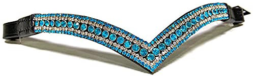 Equipride Schönes V-Form Bling Kristall Stirnband Sparkly 5 Reihen Türkis / Klar (braunes Leder, Pony (35,6 cm)