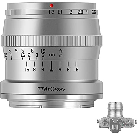 TTARTISAN 50mm F1.2 Objektiv APS-C MF für Fuji X Mount Kameras X-A1 X-A10 X-M1 X-M2 X-H1 X-T1 X-T10 X-T2 X-T20 X-T3 X-T4 X- T100 X-T200 X-T30 X-PR01 XS10 und mehr（Silber）