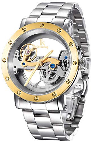 Alienwork IK Automatikuhr Armbanduhr Herren Damen Silber Edelstahl Metallarmband Skelett Glasboden