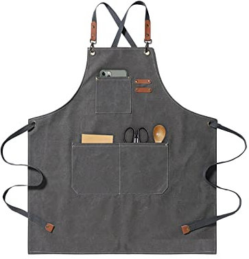 jiuzcare Grillschürze für Männer 76cm Baumwoll-Schürze mit Fronttaschen Taschen Einstellbare Grillschürze mit Leder überzogener Kordelzug BBQ Schürze Geeignet für Küche Grill Handgemacht Backen, Grau