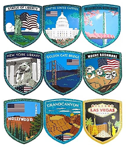 A-ONE United States Cities Attractions Holographic Color World Delicate Stickers 9 PCS + Fire Q Holiday Heat Sealed Backing Patch 1 PC, USA Travel Fantastisches Etikett für Heimdekoration SR1+NO.160