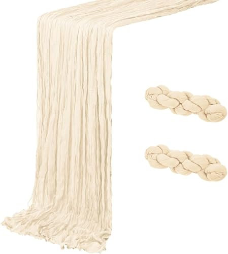 DROMCOM 2 Stück 90 x 300cm Beige Seihtuch-Tischläufer lang Rustikaler Gaze-Tischläufer, Romantischer Halbtransparenter Stoff Tischdecke Tischläufer Boho für Hochzeit Dekoration, Geburtstagsparty