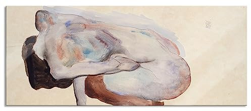 Pixxprint Glasbild Panorama, Wandbild aus Echtglas, Egon Schiele - Hockende Frau in Stöckeln und schwarzen, 120x50 cm, inkl. Aufhängung und Abstandshalter