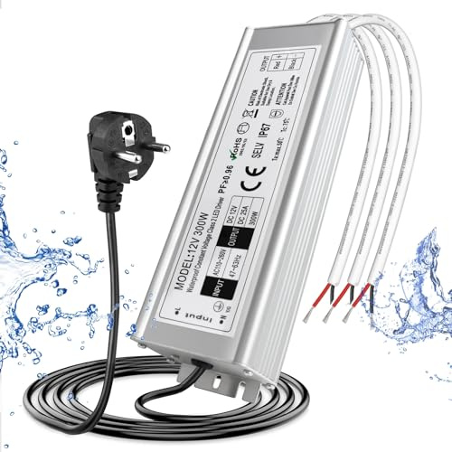 Trasformatore LED 12 V 300 W IP67 Impermeabile per Esterni, Con Spina, Alimentatore Da 230 V a DC 12 Volt, Adattatore Driver Esterno per Luci