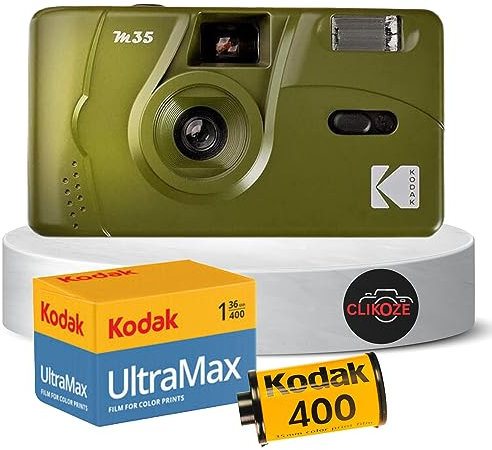 Reusable Film Camera Bundle includes Kodak M35 35mm Film Camera, Kodak 35mm film 36 exposures and Clikoze Tips Card (Olive)