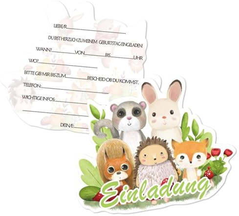 12x Einladungskarten Kindergeburtstag Set, Geburtstagseinladungen für Mädchen und Jungen, Partyeinladungen, Dschungeltierthema, Klares Muster, 15cm X 11cm, Kann zum Geburtstag, Party, Einschulung usw