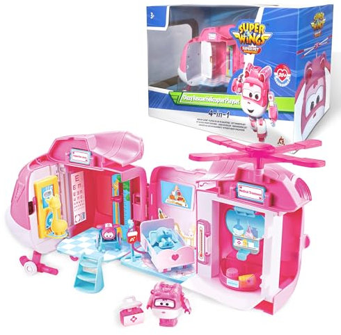Super Wings EU770840 - Dizzy Rescue Helicopter Playset, ca. 18 cm große verwandelbare Spiel-Figur mit Mini-Dizzy und Zubehör, 4-in1 Rettungshelikopter, für Kinder ab 3 Jahren