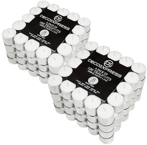Deco Express Teelichter Multipack 200, 100, 50 oder 24 Stk - 10, 8 oder 4 Std Brenndauer – Bunte & Weiße Teelichter ohne Duft (Weiß, 200/4 Stunden)