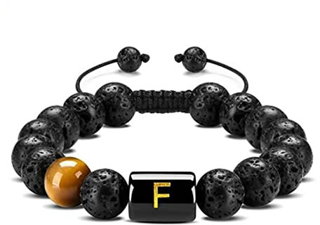 OwKay Bracelets de lave pour hommes huiles essentielles, bracelet en pierre de lave 10 mm avec lettre AZ bracelet en corde réglable 22 cm