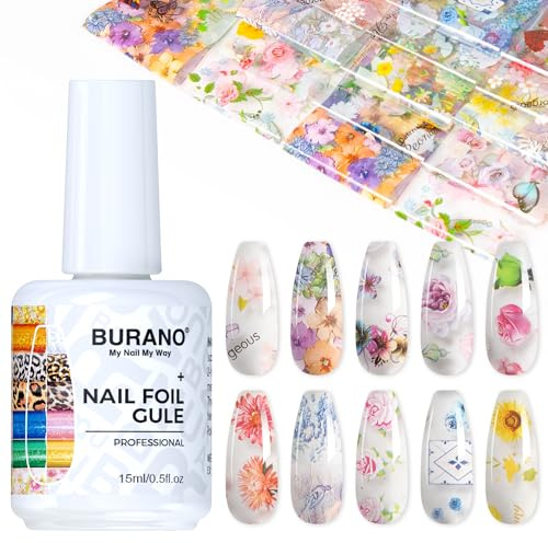 BURANO Transferfolie Nägel Nagelfolien, 15ml Nail Art Foil Kleber Gel mit 10PCS Foliensticker Nail Transfer Tipps Nagelsticker Transferfolie Sticker Set 33