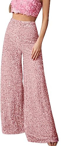 Duohropke Damen Glitzer Pailletten Schlaghose Weites Bein Hose Legins 70er 80er Jahre Kostüm Mottoparty Disco Rave Tanz Outfit Clubwear