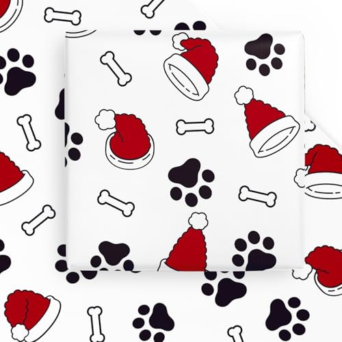 WRAPAHOLIC Weihnachts-Geschenkpapierbogen – 6 Blatt Weihnachtsmütze und Hundepfoten-Design, flach gefaltet für Urlaub, Party, Feier, 50 x 70 cm pro Bogen