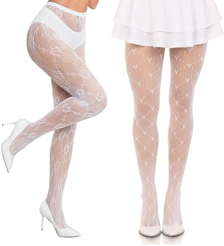 Asheyya 2 Pcs White Lace Tights for Women, White Patterned Toghts Hollow