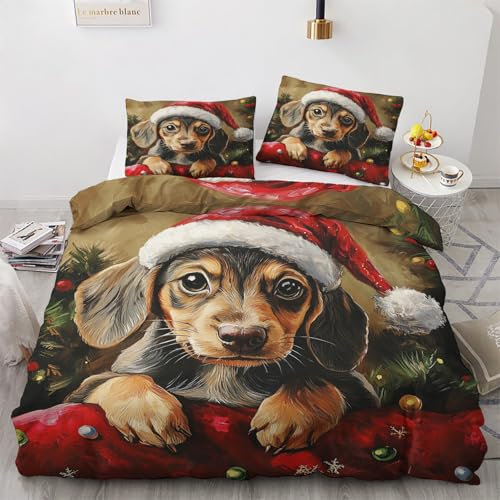 Generisch Dackel Deko - Winter Bettwäsche 135x200 Dackel, Weihnachten Süße Hund Bettbezug 135 x 200 2er Set mit 1 Kissenbezug 80x80, Weiche Mikrofaser Winterbettwäsche mit Reißverschluss O*&272