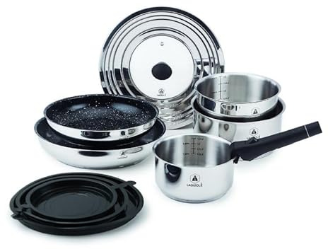LAGUIOLE, Set de cuisine 10 pièces en acier inoxydable avec revêtement céramique antiadhésif, compatible induction, poignée amovible, 3 casseroles et 2 poêles, Argent