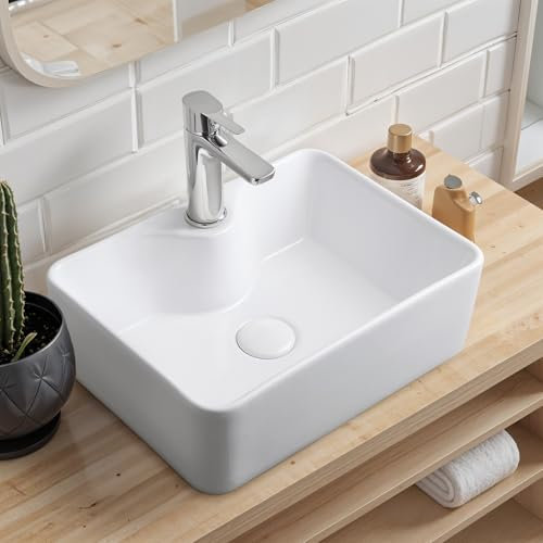 Warmiehomy Countertop Bathroom Vessel Ceramic Sink,Rectangle Ceramic Basin with Tap Hole Waste Drainer for Bathroom Cloakroom Vanity Lavatory (White,40x30x13cm)