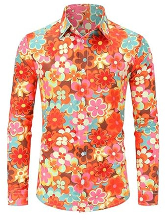 Costume hippie des années 70 pour homme - Coupe droite - Chemise d'affaires florale hawaïenne - Chemise à manches longues - Disco Hip Hop - Chemise de loisirs - Pour les vacances, le sport, la gym