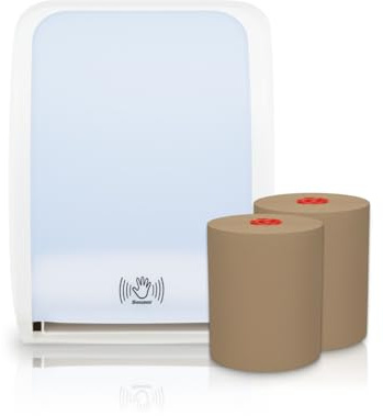 Blanc HYGIENIC COSMOS Sensor-Handtuchspender Weiß + 2 ECO-Rollen | Berührungslose Einzelblattausgabe, 3 Blattlängen, Sensor-/Auto-Feed-Modus und 2 ECO-Natural-Rollen à 140 m, insgesamt 280 m