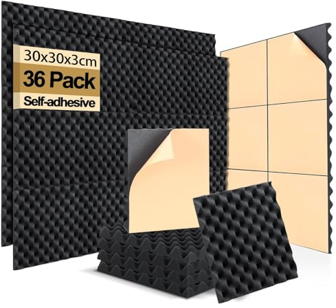 GUERRI 36 Pack Egg Crate Acoustic Foam Panels – 12 x 12 x 1.2 Self-Adhesive Sound Proof Wall Panels, High Density Sound Absorbing Foam for Studio, Office, Home Theater