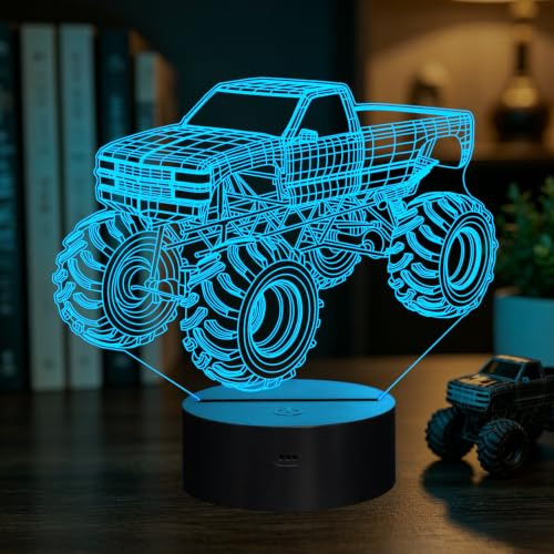 OraTrade Monster Truck Night Light, Monster Truck Gifts for Boys, 3D Illusion Lamp with 7 Colours Change, Touch Control, USB/Battery Powered, Bedroom Accessories, Birthday Christmas Home Decoration