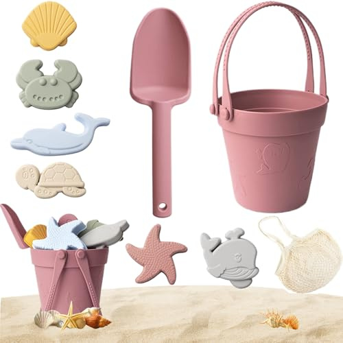 Hperu Sandspielzeug, 8 Stück Silikon Strandspielzeug für Kinder - Sicheres Sandspielset mit Schaufel, Eimer und Formen für Sommerreisen (Ziegelrot)