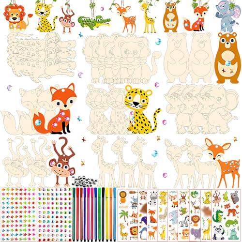 290PCS Holztiere Bastelset Kinder ab 3-12 Jahre, Holzanhänger zum Bemalen, Basteln & DIY, Kindergeburtstag Basteln mit 27 Holzstücke, 27 Schnüre, 192 Strasssteine, 12 Stifte, 2 Aufkleber, 30 Augen