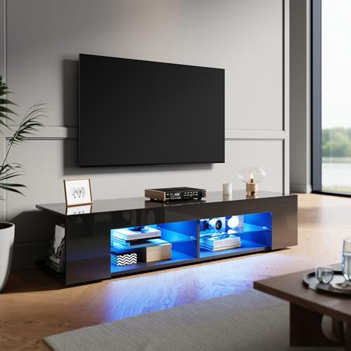 ZANOFIRA TV Stand Cabinet Unit with 16 RGB LED Lights, High Gloss Black TV Stand with Glass Shelves & 2 Storage Compartments, 1350 x 390 x 300mm