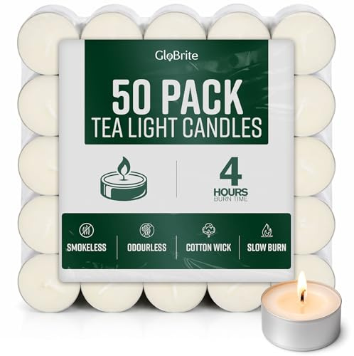 Globrite Unscented Tea Lights – 4 Hour Burn Tealight Candles – Long Burning Tea Lights for Home, Events & Decorative Use (Pack of 50)