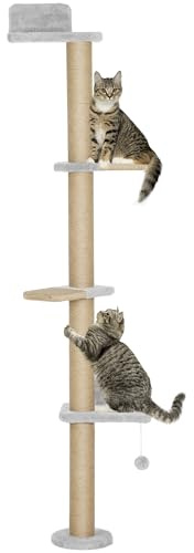 PawHut Arbre à chat 5 étages 180 cm Tour pour chats Arbre à chat mural avec colonnes à griffer Balle de jeu Plateau de saut pour chats pour grimper, gratter Gris clair