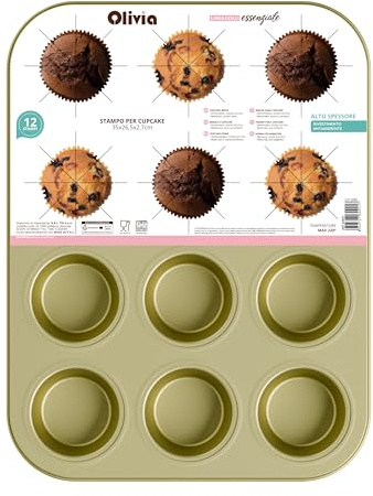 Stampo per cupcake e muffin 12 posti antiaderente – teglia 35 x 26,5 x 2,7 cm in acciaio al carbonio, sformatura facile e pulizia rapida, forno fino a 220 °C