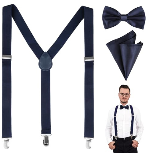 zhufubao Set di papillon con bretelle larghe 2,5 cm da uomo, bretelle a forma di Y, pantaloni da lavoro, da uomo, regolabili, con fazzoletto da taschino, per matrimoni, feste