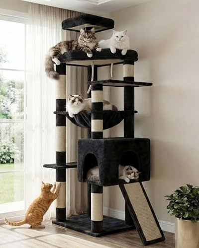 Heybly Árbol para Gatos, 163 cm Torre para Gatos Gris Humo HCT027G | Estable con Base Ancha, Plataforma Grande Espaciosa, Cama Colgante Extragrande, Postes Y Rascador De Sisal, Cesta para Gatos